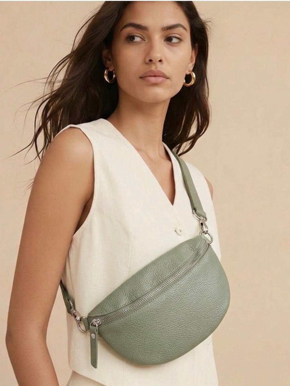 Borse in Pelle Italian Pebbled Leather Crossbody Belt Bag - Sage Green
